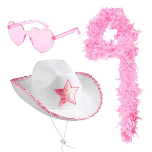 Cowboy Hut Pinker Hüte Cowboy Hut Glitzer Federboa Rosa Federschal Weißer Cowboyhut Federboa Und Herzförmiger Sonnenbrille Dreiteiliges Set Für Karnevalsfeiertage Und Partyausflüge von Lomelomme