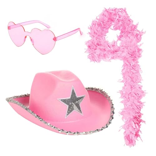 Cowboy Hut Pinker Hüte Cowboy Hut Glitzer Federboa Rosa Federschal Weißer Cowboyhut Federboa Und Herzförmiger Sonnenbrille Dreiteiliges Set Für Karnevalsfeiertage Und Partyausflüge von Lomelomme