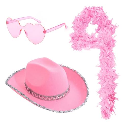 Cowboy Hut Pinker Hüte Cowboy Hut Glitzer Federboa Rosa Federschal Weißer Cowboyhut Federboa Und Herzförmiger Sonnenbrille Dreiteiliges Set Für Karnevalsfeiertage Und Partyausflüge von Lomelomme