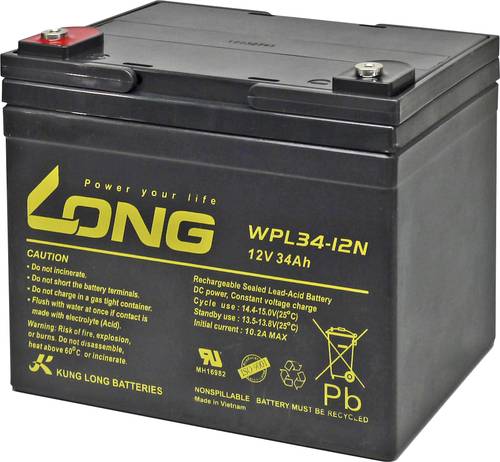 Long WPL34-12 WPL34-12 Bleiakku 12V 34Ah Blei-Vlies (AGM) (B x H x T) 197 x 170 x 131mm M5-Schrauban von Long