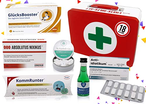 18. Geburtstag | Erste Hilfe Set Geschenk-Box, witziger Sanikasten | 8-teilig | Spaßgeschenk zum 18. Geburtstag von Longfair