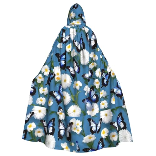 Longyiyi Unisex Robe Capes Erwachsene Blau Schmetterlinge Weiß Blumen Druck Kapuzenumhang für Cosplay Halloween Tod Vampir Kostüme von Longyiyi