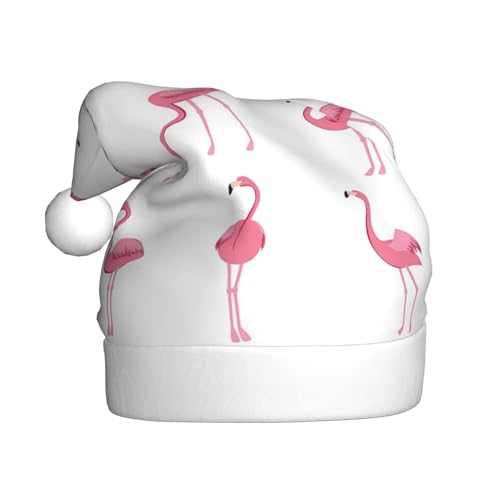 Longyiyi Weihnachtsmütze für Erwachsene, Plüsch, dekorative Flamingos auf weißem Druck, Unisex, Weihnachtsmannmütze für Weihnachtszubehör von Longyiyi