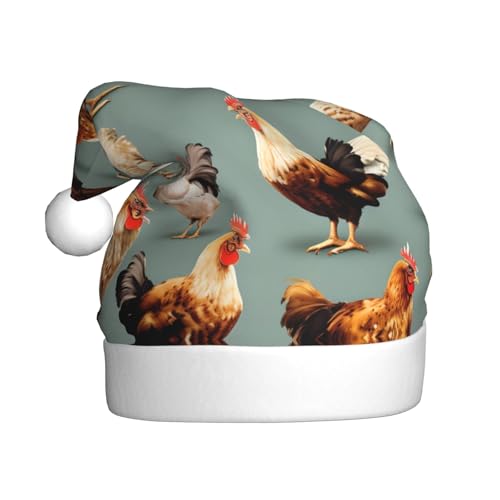 Longyiyi Weihnachtsmütze für Erwachsene, Plüsch, dekorativer Huhn-Druck, Unisex, Weihnachtsmannmütze für Weihnachtszubehör von Longyiyi