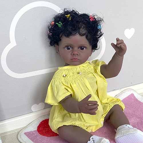 Lonian Reborn-Babypuppen mit vollem Vinylkörper, dunkelbraune Hautpuppe, 22-Zoll-Afroamerikaner-Lifelke-Newbrorn-Babypuppe, biracial-Puppe (Blaue Augen) von Lonian