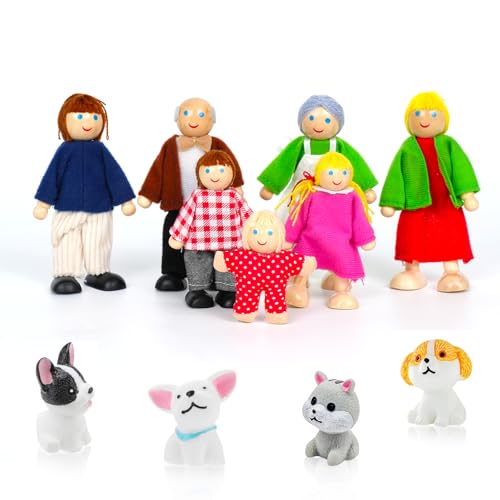 Lonsien Hölzerne Puppenhaus Puppen Familie Set 11 Stück Puppenfamilien Figuren Biegepuppen mit Katze und Hund Spielzeug Minipuppen Zubehör für Pretend Dollhouse Geschenk von Lonsien