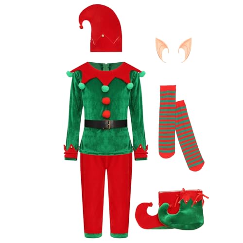 Loodgao 7-Teillig Weihnachten Elfen Kostüm Jungen Weihnachtsmann Helfer Outfit Langarm Hemd Oberteil mit Hosen und Kostümzubehöre Grün 110-116 von Loodgao