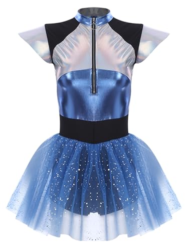 Loodgao Damen Astronaut Kostüm Metallic Glänzend Kleid mit Tutu Rock Weltraum Raumfahrer Halloween Cosplay Mottoparty Outfits Blau 3XL von Loodgao