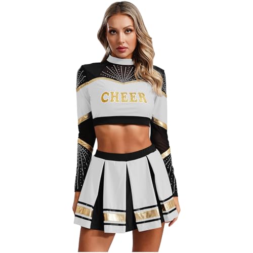 Loodgao Damen Cheer Leading Tanz Outfits Uniformen aus Langarm Crop Top Buchstaben Shirts und Faltenrock Minirock Halloween Cosplay Motto Party Outfits Weiß L von Loodgao