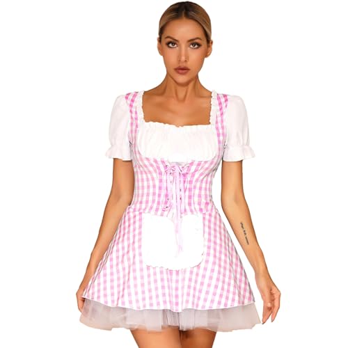 Loodgao Damen Französisches Dienstmädchen Kostüm Kurze Puffärmel Kariertes Kleid mit Schürze Schnür Halloween Anime Cosplay Outfits Rosa M von Loodgao