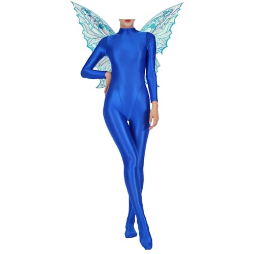 Loodgao Damen Glossy Ganzkörperanzug Langarm ÖL Glanz Jumpsuit Overall mit Schmetterling Flügel Halloween Cosplay Kostüm Gogo Clubwear Blau 3XL von Loodgao