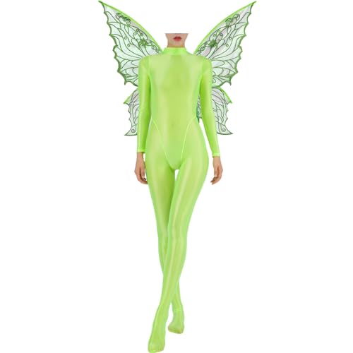 Loodgao Damen Glossy Ganzkörperanzug Langarm ÖL Glanz Jumpsuit Overall mit Schmetterling Flügel Halloween Cosplay Kostüm Gogo Clubwear Grün M von Loodgao