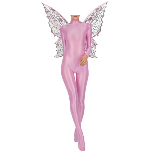 Loodgao Damen Glossy Ganzkörperanzug Langarm ÖL Glanz Jumpsuit Overall mit Schmetterling Flügel Halloween Cosplay Kostüm Gogo Clubwear Rosa 3XL von Loodgao