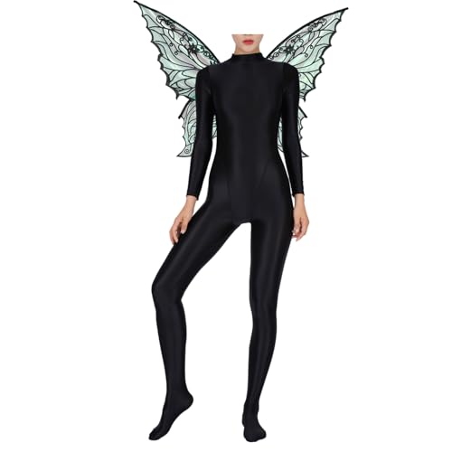 Loodgao Damen Glossy Ganzkörperanzug Langarm ÖL Glanz Jumpsuit Overall mit Schmetterling Flügel Halloween Cosplay Kostüm Gogo Clubwear Schwarz 3XL von Loodgao