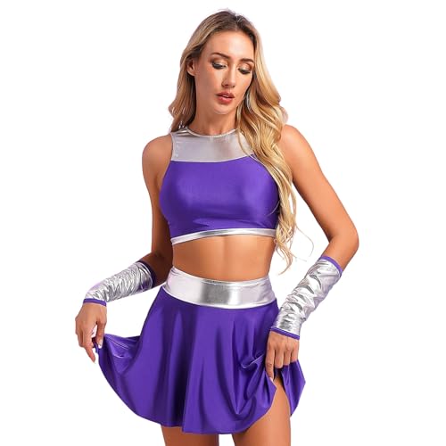 Loodgao Damen Halloween Cosplay Kostüm 3Pcs Tanz Outfits Ärmellose Crop Tops mit Ausgestellt Rock und Lange Handschuhe in Lila Silber Violett 3XL von Loodgao