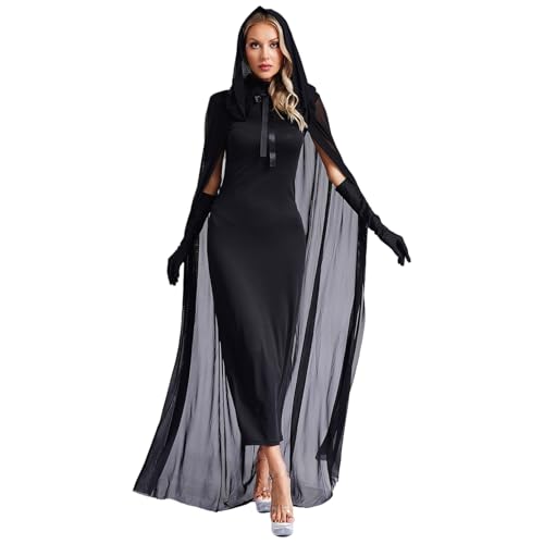 Loodgao Damen Halloween Hexe Kostüm aus Slim Fit Bodycon Kleid und Mesh Kapuzenumhang Maxi Lang Cape und Lange Handschuhe Schwarz L von Loodgao