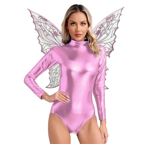 Loodgao Damen Metallic Body Langarm Rollkragen Overall Jumpsuit mit Schmetterling Flügel Halloween Cosplay Kostüm Gogo Tanz Outfits Clubwear Rosa M von Loodgao