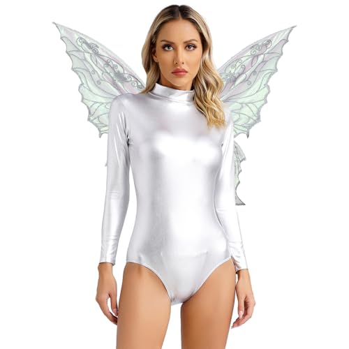 Loodgao Damen Metallic Body Langarm Rollkragen Overall Jumpsuit mit Schmetterling Flügel Halloween Cosplay Kostüm Gogo Tanz Outfits Clubwear Silber L von Loodgao