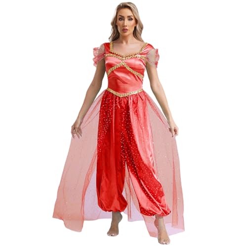 Loodgao Damen Prinzessin Bauchtanz Kostüm Satin Glänzend Jumpsuit Mesh Overlay Overall mit Weite Hose Film Star Cosplay Outfits Burgundy 3XL von Loodgao