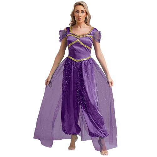 Loodgao Damen Prinzessin Bauchtanz Kostüm Satin Glänzend Jumpsuit Mesh Overlay Overall mit Weite Hose Film Star Cosplay Outfits Dunkelviolett 3XL von Loodgao