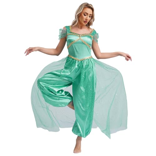 Loodgao Damen Prinzessin Bauchtanz Kostüm Satin Glänzend Jumpsuit Mesh Overlay Overall mit Weite Hose Film Star Cosplay Outfits Türkis 3XL von Loodgao