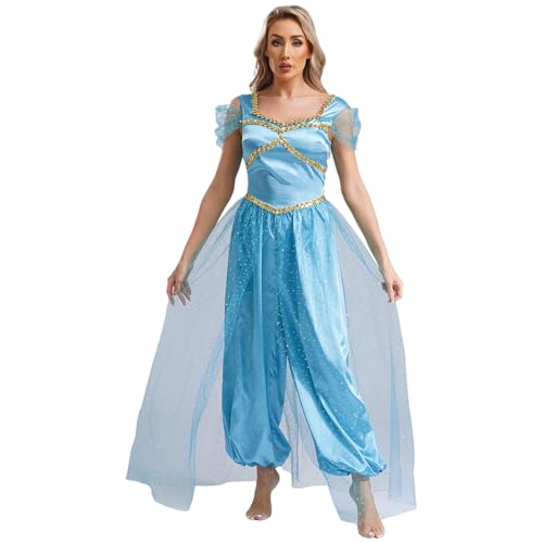 Loodgao Damen Prinzessin Bauchtanz Kostüm Satin Glänzend Jumpsuit Mesh Overlay Overall mit Weite Hose Film Star Cosplay Outfits blauer See 3XL von Loodgao