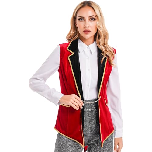 Loodgao Damen Ringmaster Zirkus Frack Ärmellose Jacke Mittelalter Vintage Gehrock Revers Halloween Kostüm Motto Party Oberbekleidung Rot 3XL von Loodgao