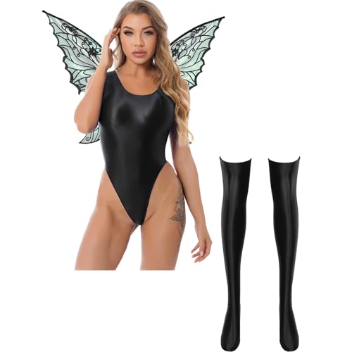 Loodgao Damen Schmetterling Kostüm Glossy Body Ärmellos Rundhals High Cut Stringbody mit Kniestrümpfe und Schmetterlingflügel Gogo Outfits Clubwear Schwarz XL von Loodgao