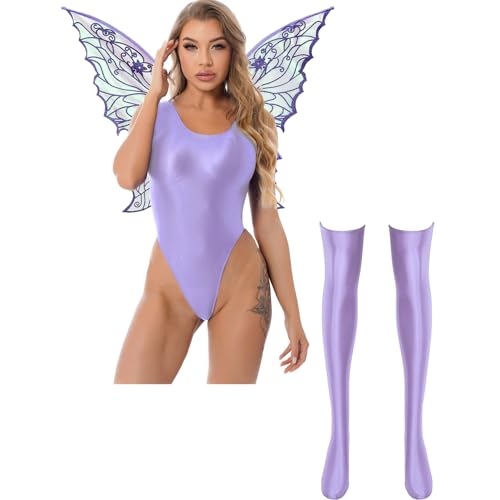 Loodgao Damen Schmetterling Kostüm Glossy Body Ärmellos Rundhals High Cut Stringbody mit Kniestrümpfe und Schmetterlingflügel Gogo Outfits Clubwear Violett M von Loodgao