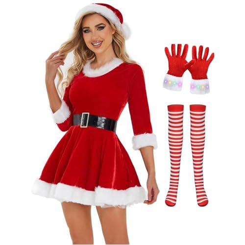 Loodgao Damen Weihnachtsfrau Kostüm Miss Santa Kleid Velvet Partykleider Minikleider mit Weihnachtsmütze Handschuhe und Kniestrümpfe Cosplay Outfits Rot L von Loodgao