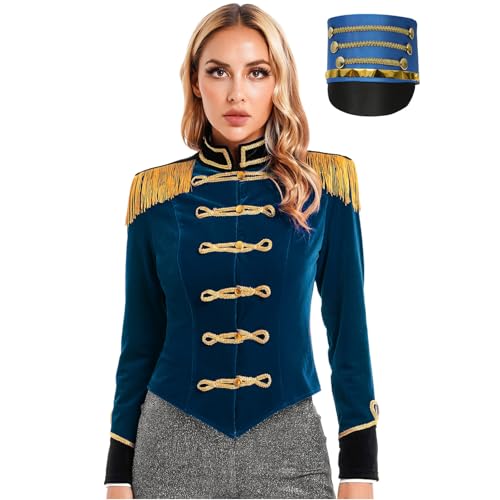 Loodgao Damen Zirkusdirektor Kostüm Samt Jacke Slim Fit Blazer mit Goldene Knöpfe + Zylinder Hut Halloween Cosplay Outfits Dunkelblau 3XL von Loodgao