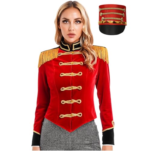 Loodgao Damen Zirkusdirektor Kostüm Samt Jacke Slim Fit Blazer mit Goldene Knöpfe + Zylinder Hut Halloween Cosplay Outfits Rot 3XL von Loodgao