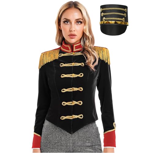 Loodgao Damen Zirkusdirektor Kostüm Samt Jacke Slim Fit Blazer mit Goldene Knöpfe + Zylinder Hut Halloween Cosplay Outfits Schwarz 3XL von Loodgao