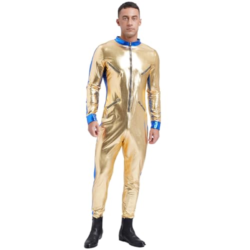 Loodgao Herren Astronauten Kostüm Glänzend Ganzkörperanzug Langarm Slim Fit Overall Jumpsuit Einteiler Lang Weltraum Uniform Motto Party Clubwear in Silber Gold Gold 3XL von Loodgao