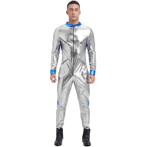 Loodgao Herren Astronauten Kostüm Glänzend Ganzkörperanzug Langarm Slim Fit Overall Jumpsuit Einteiler Lang Weltraum Uniform Motto Party Clubwear in Silber Gold Silber 3XL von Loodgao