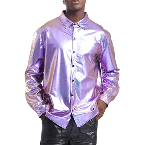 Loodgao Herren Disco Hemd Langarm Party Shirt mit Glitzer 60er 70er Jahre Mottoparty Outfits Hippie Tanz Kostüm Auftritt Show Clubwear Blau 3XL von Loodgao