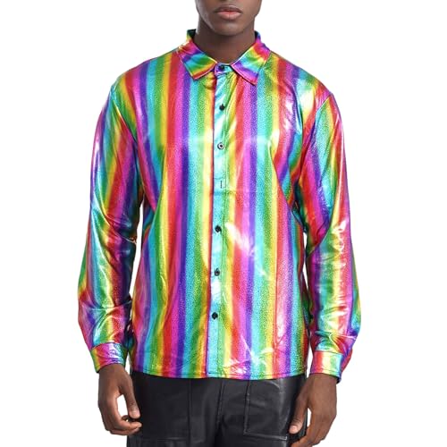 Loodgao Herren Disco Hemd Langarm Party Shirt mit Glitzer 60er 70er Jahre Mottoparty Outfits Hippie Tanz Kostüm Auftritt Show Clubwear Bunt 3XL von Loodgao