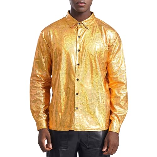 Loodgao Herren Disco Hemd Langarm Party Shirt mit Glitzer 60er 70er Jahre Mottoparty Outfits Hippie Tanz Kostüm Auftritt Show Clubwear Gold 3XL von Loodgao