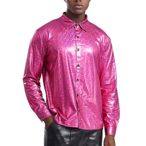 Loodgao Herren Disco Hemd Langarm Party Shirt mit Glitzer 60er 70er Jahre Mottoparty Outfits Hippie Tanz Kostüm Auftritt Show Clubwear Rosenrot L von Loodgao