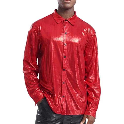 Loodgao Herren Disco Hemd Langarm Party Shirt mit Glitzer 60er 70er Jahre Mottoparty Outfits Hippie Tanz Kostüm Auftritt Show Clubwear Rot 3XL von Loodgao