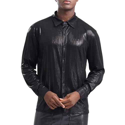 Loodgao Herren Disco Hemd Langarm Party Shirt mit Glitzer 60er 70er Jahre Mottoparty Outfits Hippie Tanz Kostüm Auftritt Show Clubwear Schwarz L von Loodgao