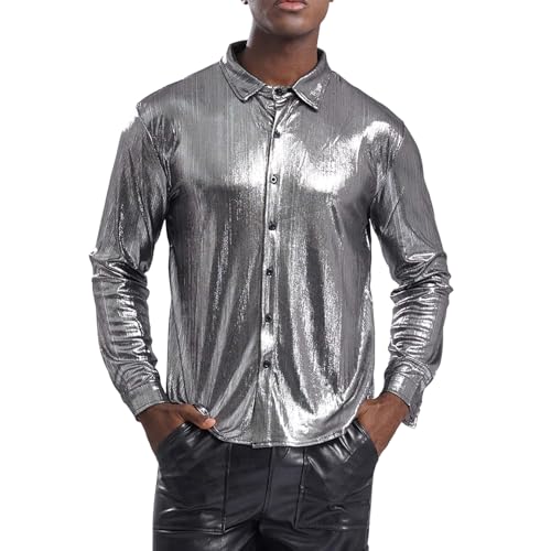 Loodgao Herren Disco Hemd Langarm Party Shirt mit Glitzer 60er 70er Jahre Mottoparty Outfits Hippie Tanz Kostüm Auftritt Show Clubwear Silber 3XL von Loodgao