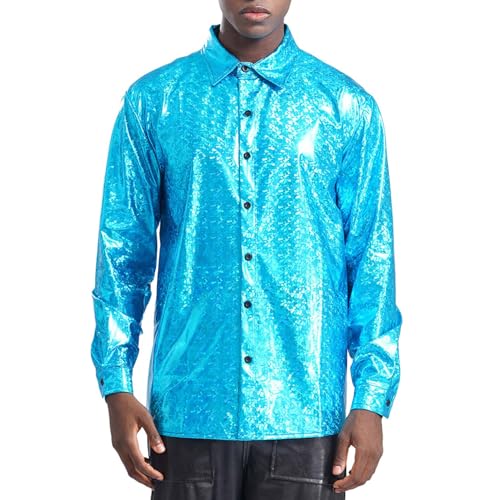 Loodgao Herren Disco Hemd Langarm Party Shirt mit Glitzer 60er 70er Jahre Mottoparty Outfits Hippie Tanz Kostüm Auftritt Show Clubwear Türkis L von Loodgao