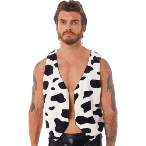 Loodgao Herren Fleece Weste mit Kuh-Print Cowboy Cosplay Kostüm Erwachsene ärmellose Gilet Halloween Motto Party Hippie Outfits Schwarz 4XL von Loodgao