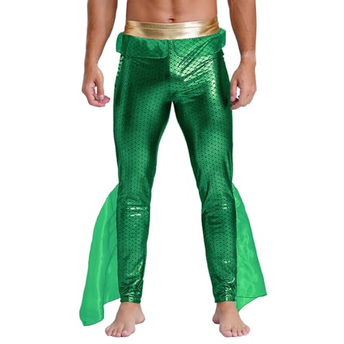 Loodgao Herren Glänzend Hose Fischschuppen Bedruckt Leggings mit Rüschen Flosse Halloween Cosplay Kostüm Strumpfhose Motto Party Clubwear Grün 3XL von Loodgao