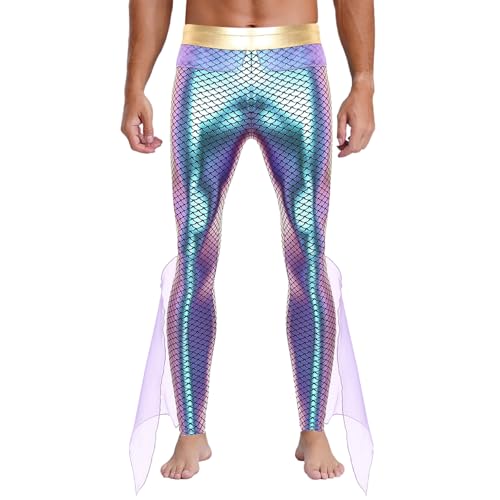 Loodgao Herren Glänzend Hose Fischschuppen Bedruckt Leggings mit Rüschen Flosse Halloween Cosplay Kostüm Strumpfhose Motto Party Clubwear Violett 3XL von Loodgao