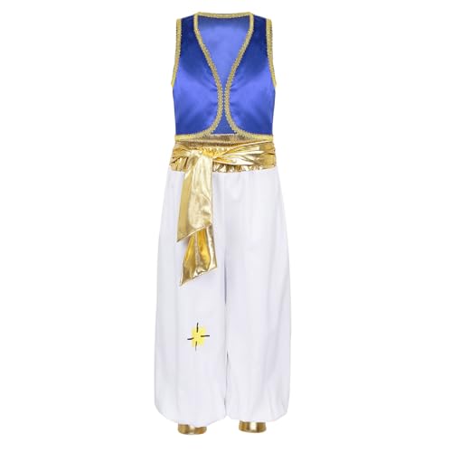 Loodgao Jungen Arabische Weste Satin Gilet und Orientalische Hose Weites Bein Pumphose Haremshose mit Metallic Stoffgürtel Cartoon Figur Cosplay Outfits Königsblau 110-116 von Loodgao