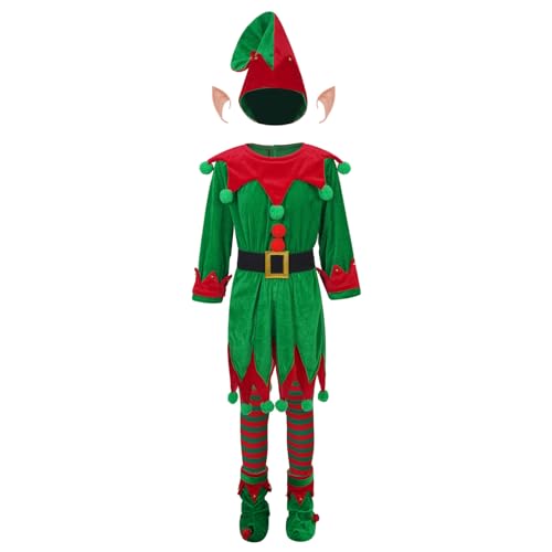 Loodgao Jungen Mädchen Weihnachtselfen Santa Claus Anzug Velvet Shirt Kleid und Strümpfe Schuhe Mütze Ohren Neujahr Elfen Cosplay Outfits Grün 110-116 von Loodgao