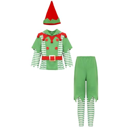 Loodgao Jungen Weihnachten Kostüm Elfen Cosplay Outfits Bekleidungsset aus Langarmshirt und Kurze Hose Mütze und Streifen Strümpfe Xmas Neujahr Outfits Grün 110-116 von Loodgao