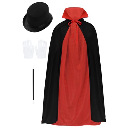 Loodgao Jungen Zauberer Umhang mit Zaubererhut Weiße Handschuhe und Zauberstab Kinder Magier Cosplay Outfits Rot 128-134 von Loodgao